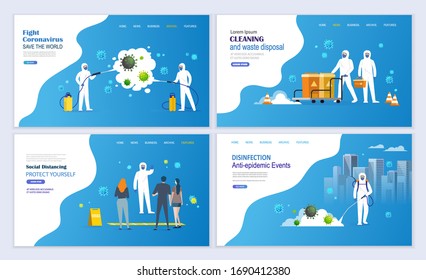 Medical workers in hazmat suits disinfecting, cleaning and prevention coronavirus epidemic. Covid -19 wuhan pandemic concept Landing Page.