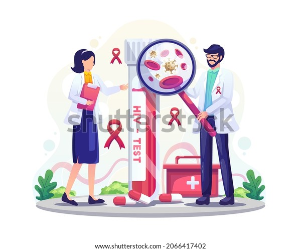 Medical workers with an\
HIV test tube are researching AIDS Blood on World AIDS day Flat\
Vector Illustration