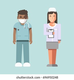 Medical workers or hospital doctors man physician and woman nurse vector flat icons