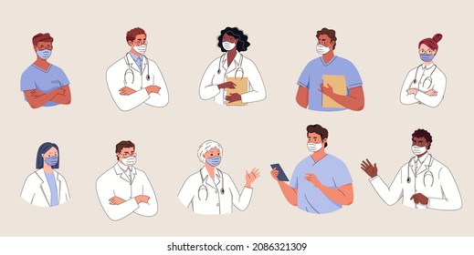 Medical workers icons set. Portraits of doctors in laboratory coats, scrubs. Physicians and paramedics — surgeons, therapists, nurses. Vector flat cartoon illustration. 