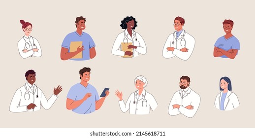 Medical workers icons set. Portraits of doctors in laboratory coats, scrubs. Physicians and paramedics — surgeons, therapists, nurses. Vector flat cartoon illustration. 
