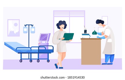 Medical workers in lab pharmacist at work. People in white coat work with a test tube, virologist, chemical researchers with laboratory equipment. Illustration of science experiment with vaccine