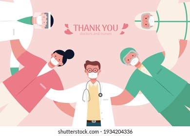 Medical workers making a huddle looking down. Thank you doctors and nurses banner in flat design illustration