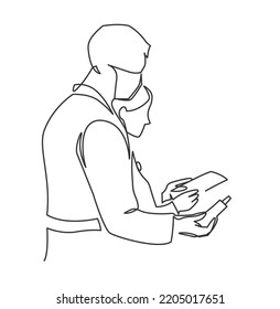 Medical workers male and female give medicine and a prescription to a patient continuous one line vector illustration.