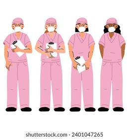 Medical workers in medical masks and pink uniforms with documents. A nurse, a doctor. Medical uniform. A group of diverse nurses in full-length pink uniforms are isolated on a white background.