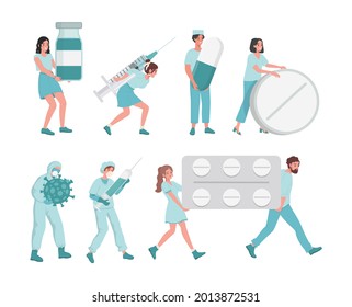 Medical workers in medicine uniform and protective face masks bring tablets in blister, syringes, pills and medical flasks vector flat illustration. Different vaccines against Coronavirus Covid-19.