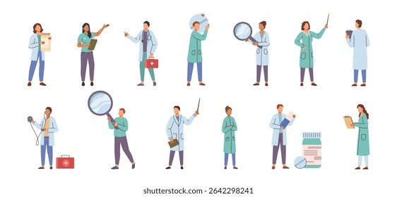Medical workers with notebooks and pills, magnifying glass and bags, pointers and stethoscopes. Vector healthcare and treatment, health care providers. Scientific research and reporting