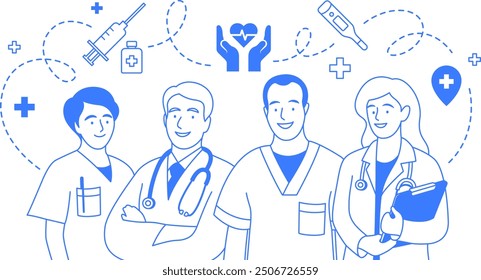 Medical workers one color infographic illustration. Doctor and nurse with icons isolated on white background. Healthcare banner concept. Monochrome line art with editable stroke.