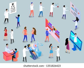 Medical Workers and Patients Set. Clinic Infographics with Hospital Hall Interior, Laboratory, Oculist, Stomatology Doctors, Reception. High Tech in Medicine. 3D Vector Isometric Illustration.