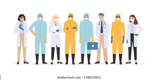 Medical workers. Professional doctors and nurses in protective suits standing together. Covid 19 virus outbreak pandemic vector concept. Medical covid-19, medicine professional team illustration