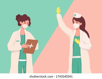 Medical workers in protective masks and uniform checking medical files and waving hands vector flat cartoon illustration. Doctor or nurse working during the global pandemic of coronavirus.