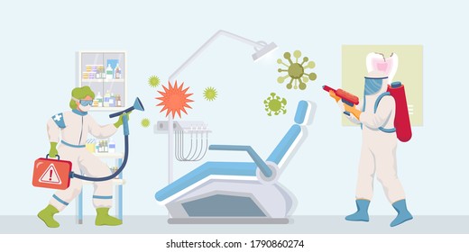 Medical workers in protective suits and face masks disinfect surfaces in hospital after patient visit vector flat illustration. Coronavirus Covid-19 protective measures in doctor office.