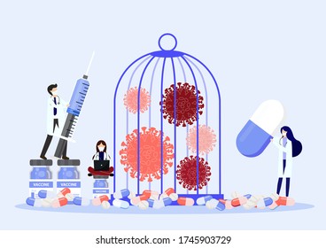 Medical workers in protective uniform and coronavirus in cage. Locked virus pathogen in cage.Victory over the viral infection. Vector, illustration, Eps