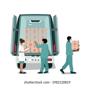  Medical workers received medicines and a vaccine. Delivery of pharmaceutical products on transport equipped with a refrigeration unit. Unloading the car. Vector illustration.