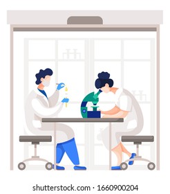 Medical workers or scientists working on analysis of cells and substances. People experimenting in laboratory of hospital or clinics. Man and woman with microscope and test tubes. Vector in flat
