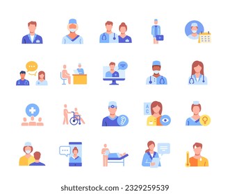 Medical workers set. Colorful icons with surgeons and optometrists, physicians and nurses, doctors and therapists. Hospital, health and medicine. Cartoon flat vector isolated on white background