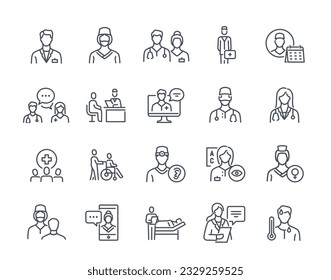 Mediziner stellen sich ein. Skizzen mit Ärzten und Krankenschwestern, Chirurgen und Ärzten, Optometristen und Therapeuten. Medizin, Krankenhaus und Gesundheit. Lineare flache Vektorgrafik einzeln auf weißem Hintergrund