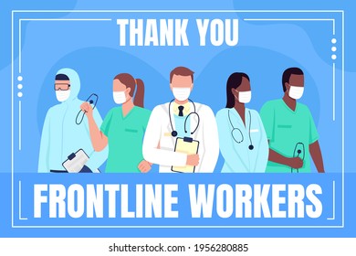 Medical workers social media post mockup. Thank you frontline workers phrase. Web banner design template. Covid booster, content layout with inscription. Poster, print ads and flat illustration