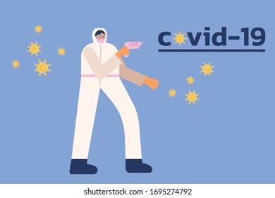 medical workers in medical suite using temperature check with covid-19 virus around. vector illustration in  flat design style 