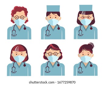 Medical workers symbol avatars. Vector doctors portrait in masks isolated on white. Hospital staff in uniform. EPS 10
