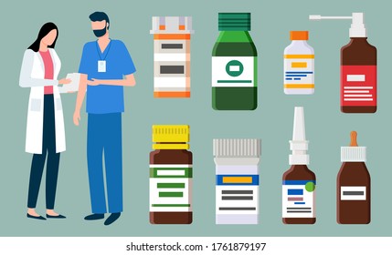 Medical workers talking about patient vector, set of bottles with labels. Containers with drugs and remedy, drops and spray, inhaler and prescription