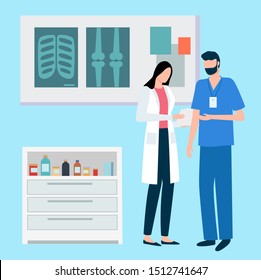 Medical workers talking about patients results vector, hospital laboratory. Man and woman discussing xray, cabinet with medicine and prescription drugs