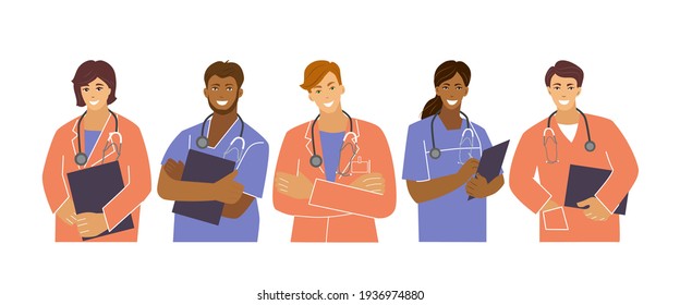 Medical workers are a team of five people.Frontline heroes Doctors and nurses. Vector illustration in the flat style.