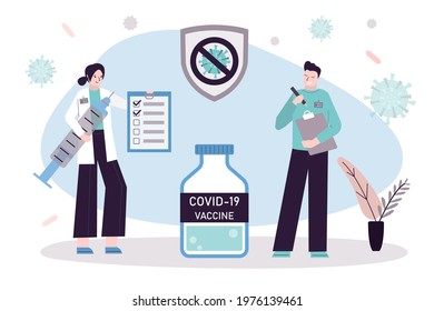 Medical workers testing vaccine against coronavirus. Woman hold syringe with dose of antiviral drug. Man writing down check results. Idea vaccinating people from covid-19. Flat vector illustration