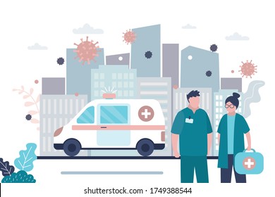 Medical workers in uniform. Ambulance van on city road. Doctors stop spread of virus and disease. Health care concept. Global epidemic or pandemic, urban view on background. Flat vector illustration