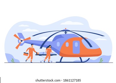 Medical workers wheeling gurney with injured person to copter for evacuation. Vector illustration for emergency, ambulance air transport, rescue helicopter concept