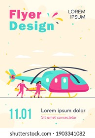 Medical workers wheeling gurney with injured person to copter for evacuation. Vector illustration for emergency, ambulance air transport, rescue helicopter concept