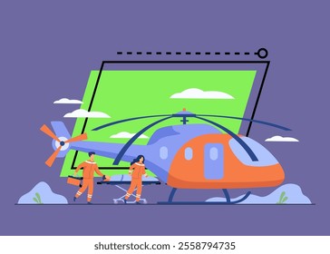 Medical workers wheeling gurney with injured person to copter for evacuation. Vector illustration for emergency, ambulance air transport, rescue helicopter concept