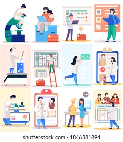 Medical workers work in the laboratory, assistants develop a new vaccine against coronavirus. Scientists are developing a cure for the virus, its prevention, table with marks, masked people scenes set