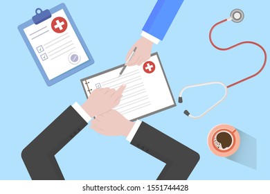 Medical Workplace. Doctor working at the table in clinic. Flat Design, Vector Illustration Icons