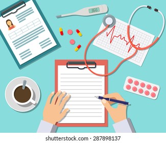 Medical Workplace. Doctor working at the table in clinic. Flat Design, Vector Illustration Icons