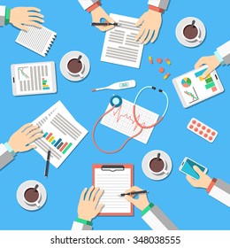 Medical Workplace. Medical Doctors working at the table in clinic. Flat Design, Vector Illustration Icons