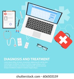 Medical workplace. Flat design. Top view of doctor workplace. Medical stethoscope and pills, Clipboard with patient card. Vector illustration in flat style. Medical concept.