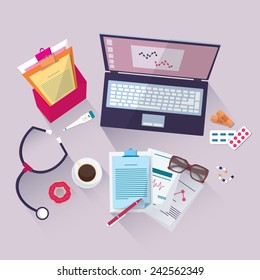 Medical workplace. Flat design, vector illustration icons