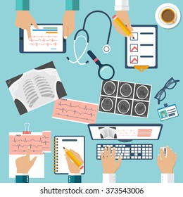 Medical Workplace. Group professional doctors working at the table in clinic. Medical team of doctors meeting, at desk hospital. Discussion and research. Flat Design, Vector Illustration.