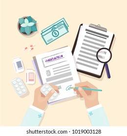 Medical workplace. Hands on the table. The doctor is working at the table in the clinic. Writing notes on the notebook. 
Tablets and medications, dollars and prescriptions. Vector image