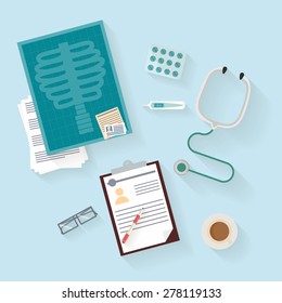 Medical workplace and icon flat set: X-ray, Stethoscope, Thermometer, Pill and Tablet. Isolated vector flat illustrations with long shadow