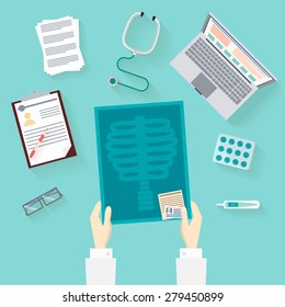 Medical Workplace And Icon Flat Set: Doctor Holding X-ray. Stethoscope, Thermometer, Pill And Tablet. Isolated Vector Flat Illustrations With Long Shadow