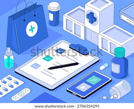 Medical workspace vector illustration. Various pills, tablets, medicine packaging on doctor desk. Modern medicine, healthcare, hospital outline isometric background.