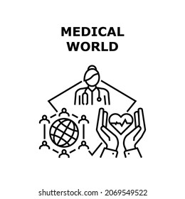 Medizinische Welt-Vektorsymbol Konzept. Medical World Doctor Communication und Patientenfernmedizin. Ärzteberatung und Internationale Weltkonferenz Schwarze Illustration