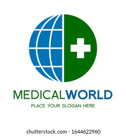 Plantilla del logotipo del Vector del mundo médico. Este diseño utiliza la salud cruzada y el símbolo de la tierra. Apropiado para el trabajo médico o hospitalario.