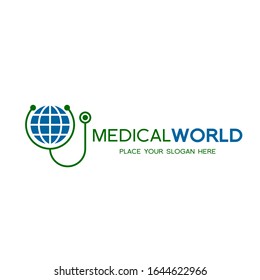 Logo-Vorlage für Medical World Vektorillustration. Bei diesem Design werden Gesundheit und Erdzeichen verwendet. Geeignet für Ärzte oder Krankenhäuser.