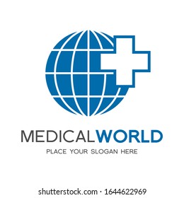 Plantilla del logotipo del Vector del mundo médico. Este diseño utiliza la salud cruzada y el símbolo de la tierra. Apropiado para el trabajo médico o hospitalario.