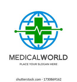 Plantilla de logotipo del vector del mundo médico. Este diseño utiliza un símbolo de salud cruzada. Adecuado para la atención global.