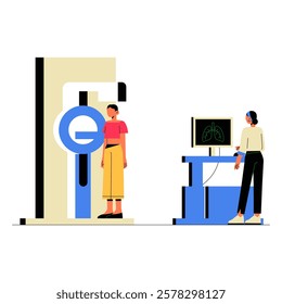 Medical X Ray Examination In Flat Vector Illustration Symbolizing Healthcare Diagnosis, Radiology, And Medical Technology, Isolated On White Background