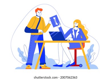 Medical x-ray office web concept. Hand injury patient consults with doctor. Diagnostics in clinic. Vector illustration in minimal flat design for blog, app design, onboarding screen, social media